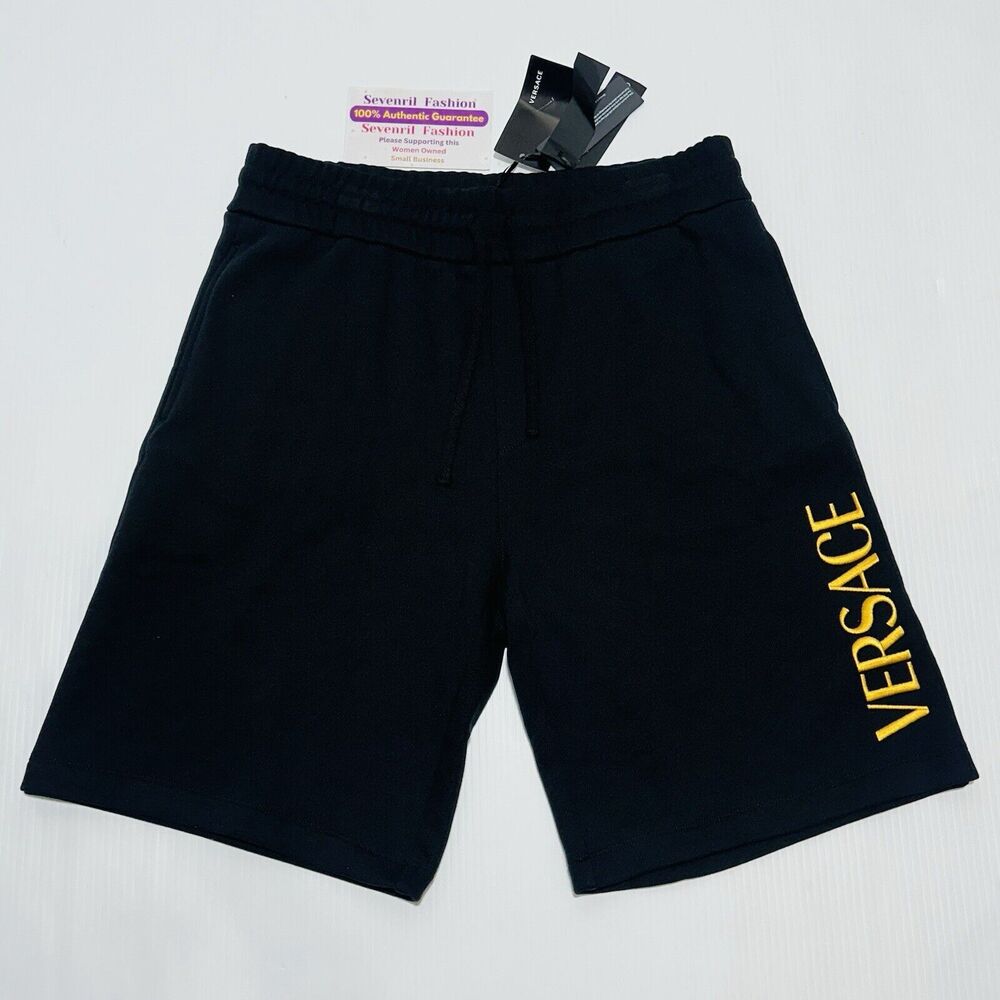 Versace Fleece Black Sweatpants Shorts Embroidered Gold Logo Size XS NWT $750